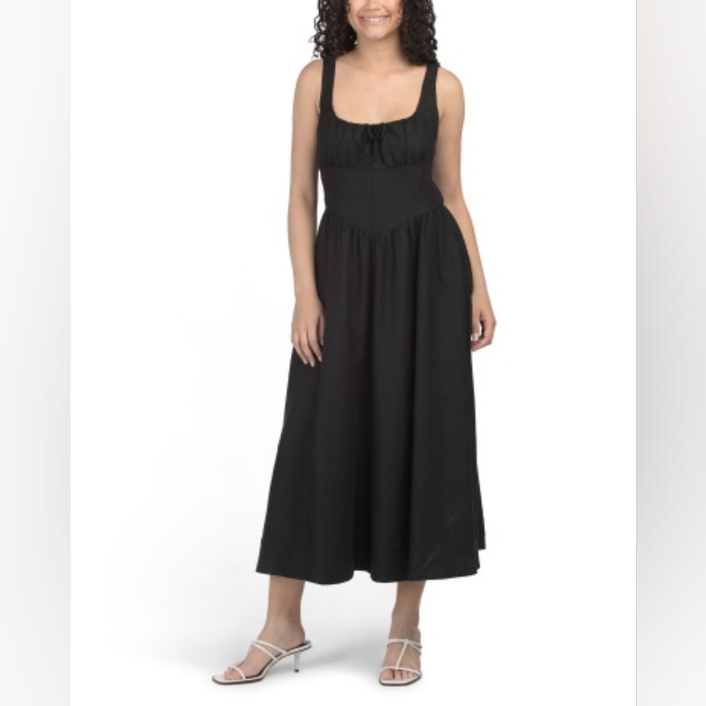 NWT - Maison D'Amelie Linen Blend Corset Detailed Smock Back Black Maxi Dress-L